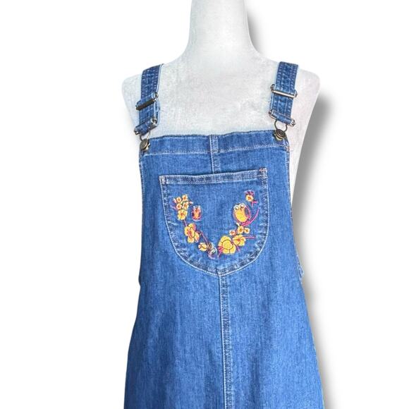 ModCloth Denim Overall Dress Embroidered Floral Owl Pocket Jumper Size Medium - Picture 2 of 9